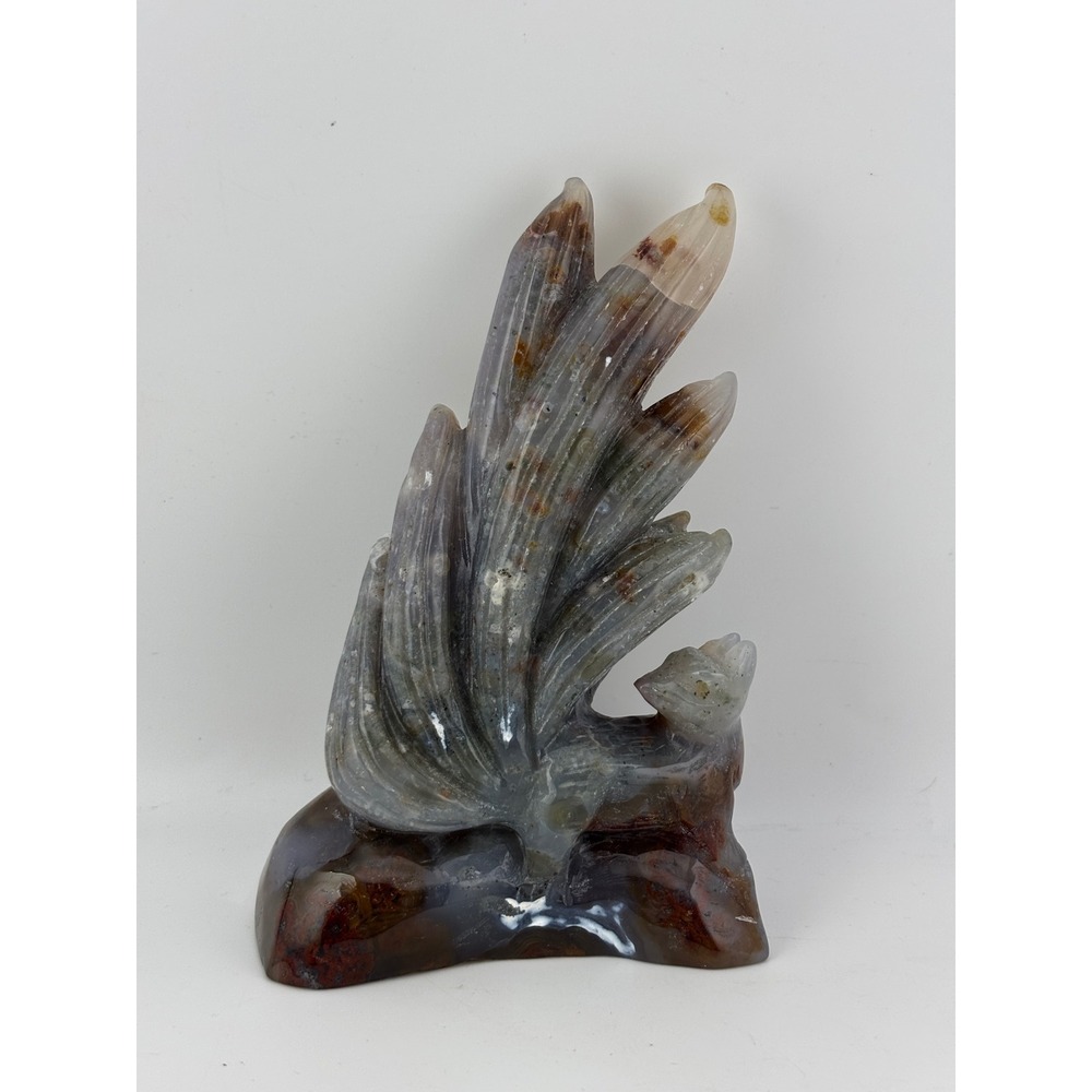 Blue Agate Nine Tail Fox Carving Mythical Kitsune Crystal Sculpture 5.3 Inch